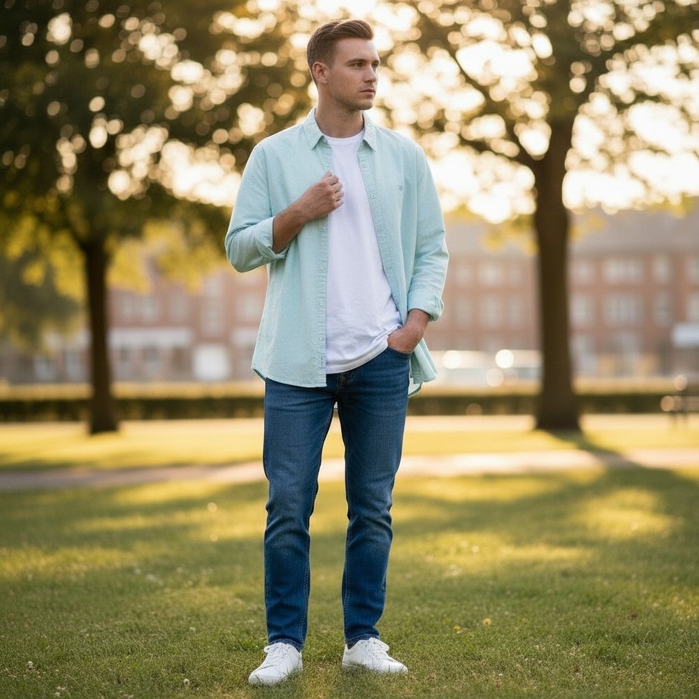 United Colors of Benetton Mens Mint Green Linen Blend Button Down Shirt M